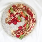 red and white fruit salad on white ceramic bowl